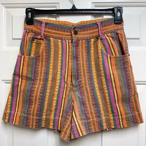 Vtg 90s Tribal Aztec Denim Jean Shorts 7/8 28 Cotton Appeal Quirky High Rise WOW